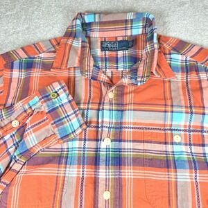 Polo Ralph Lauren Shirt Mens L Orange Madras Plaid Button Up Pocket Long Sleeve